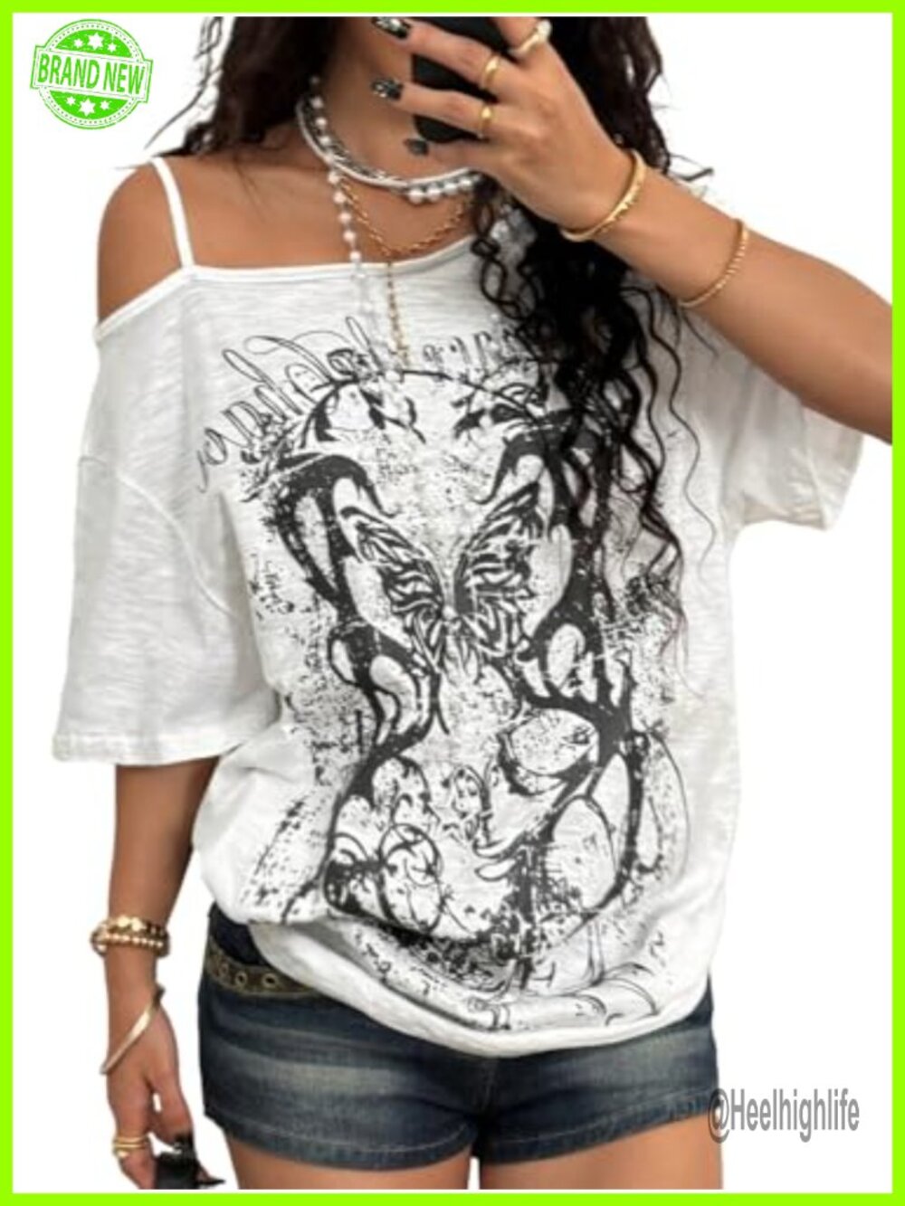 Off The Shoulder Graphic T Shirt Loose Fit Drop Shoulder Y2K Grunge Top